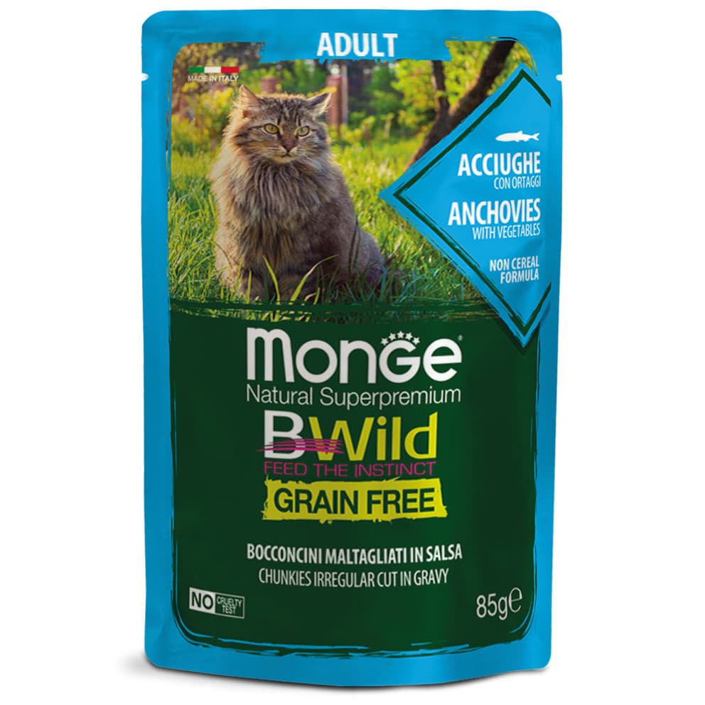 Monge Bwild Wet Cat Food 85g Pouch for Adult/Kitten, Grain-Free - AnchoviesVeggies variant