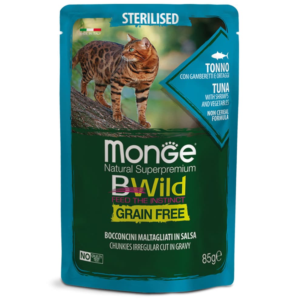 Monge Bwild Wet Cat Food 85g Pouch for Adult/Kitten, Grain-Free - TunaShrimpVeggies variant