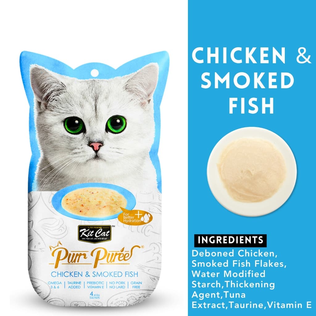 Kit Cat Purr Puree Plus Wet Cat Treats (4x15g) Grain-Free KitCat - Chkn Smoked Fish variant