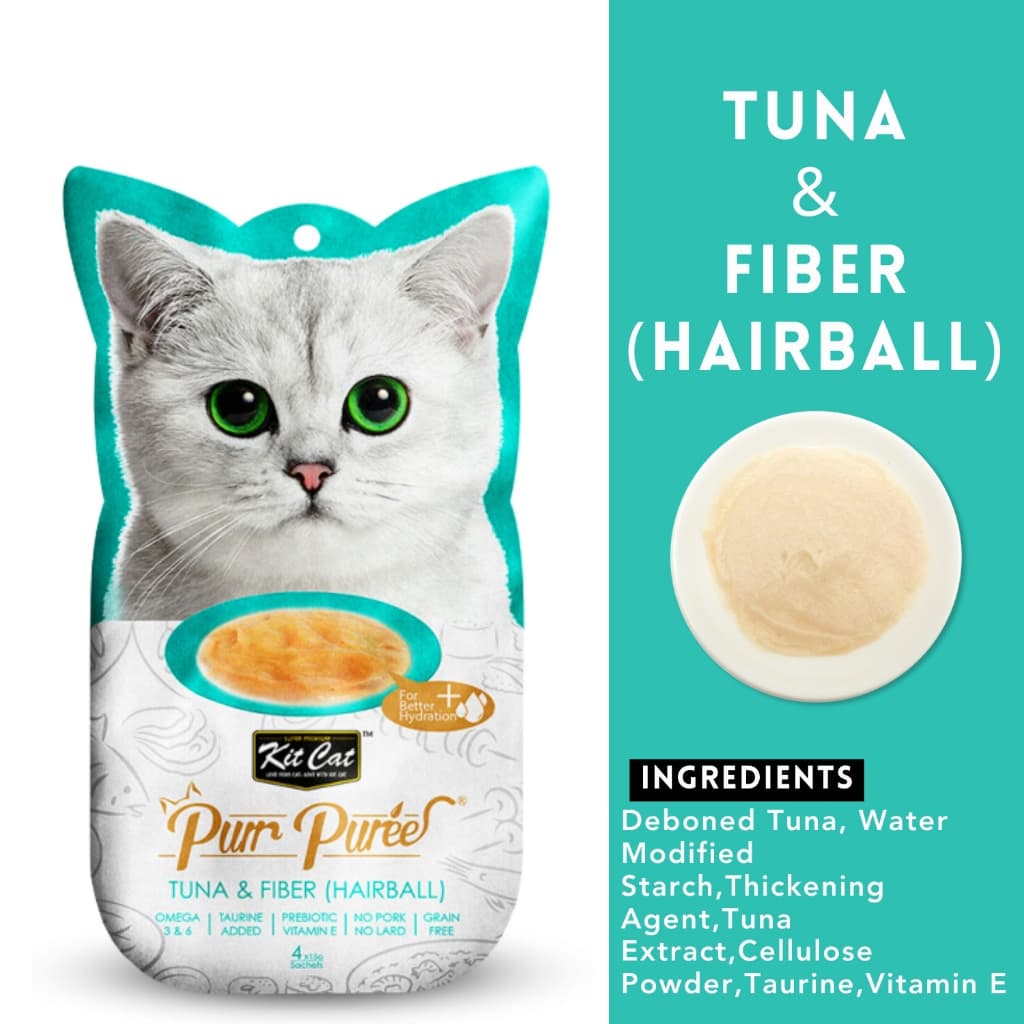 Kit Cat Purr Puree Plus Wet Cat Treats (4x15g) Grain-Free KitCat - TunaFiber Hairball variant