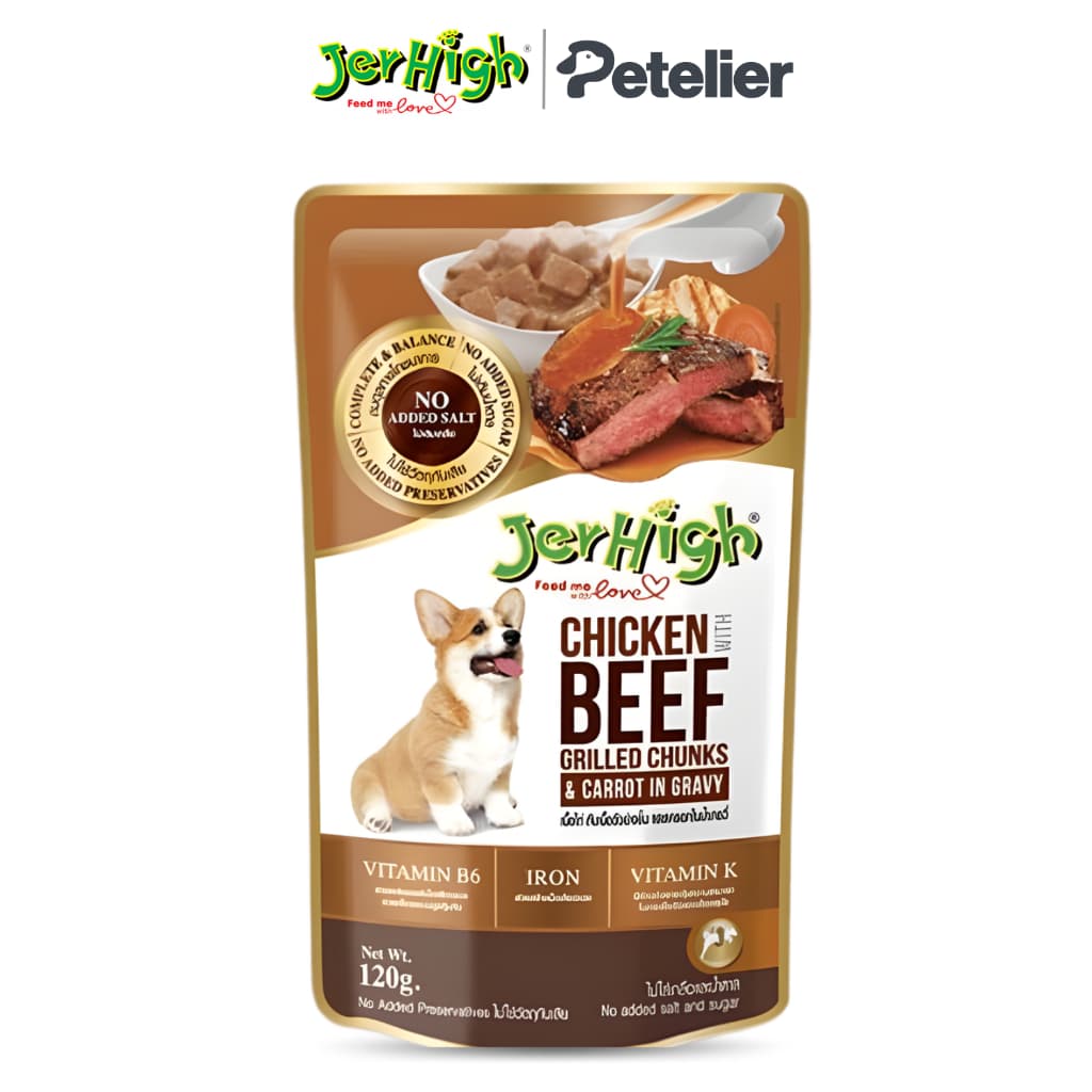 JerHigh Wet Dog Food in 120g Pouch, Gravy Adult/Puppy - ChxBeefGrilledCarrot variant